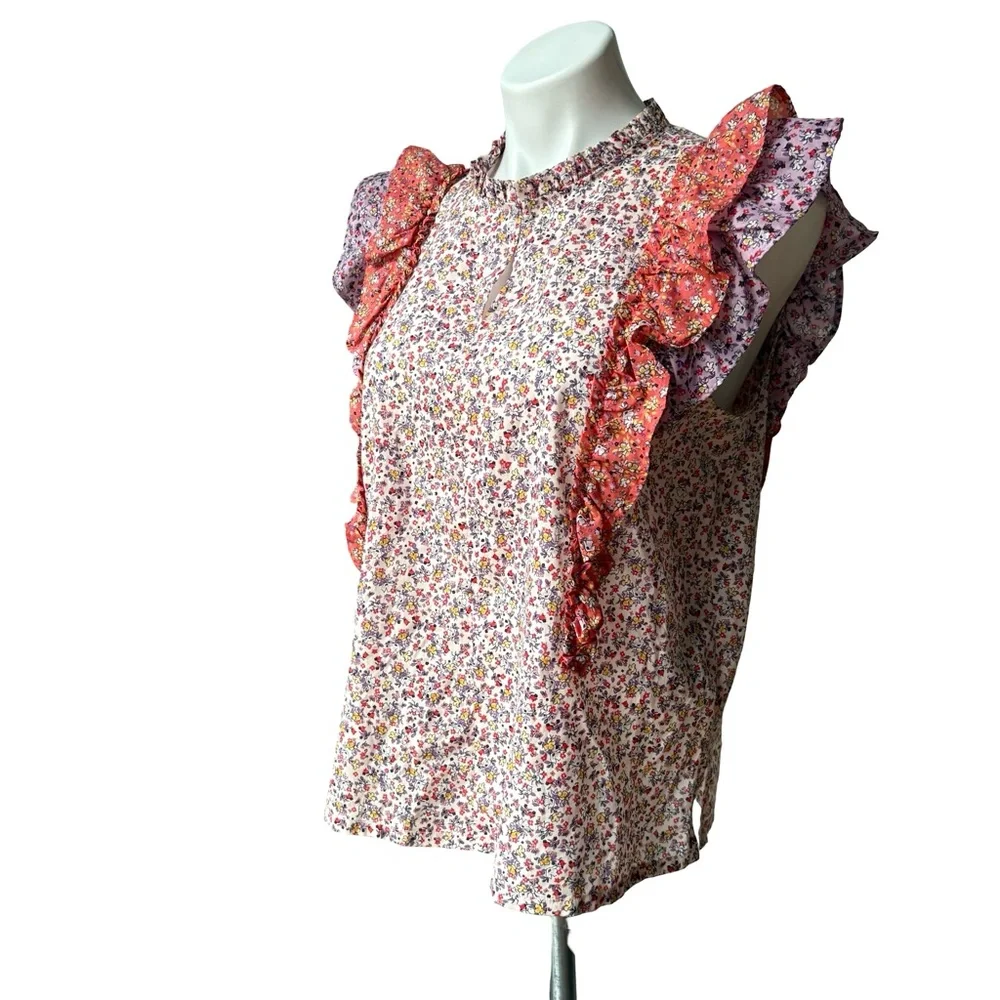 Ann Taylor Purple Orange Floral Ruffle Flutter Keyhole Button Blouse, Sz M - Picture 5 of 14